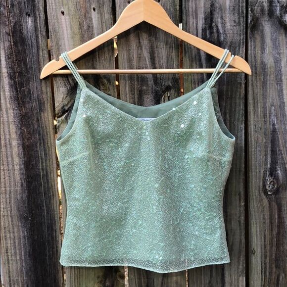 TAHARI Metallic Sequin Green Cami Tank Sz 2P - Picture 1 of 8